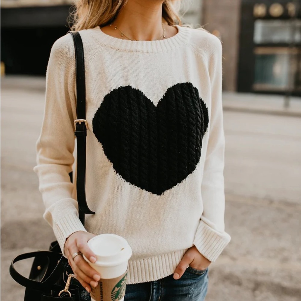 heart printed women sweater tops shirt long sleeve crewneck